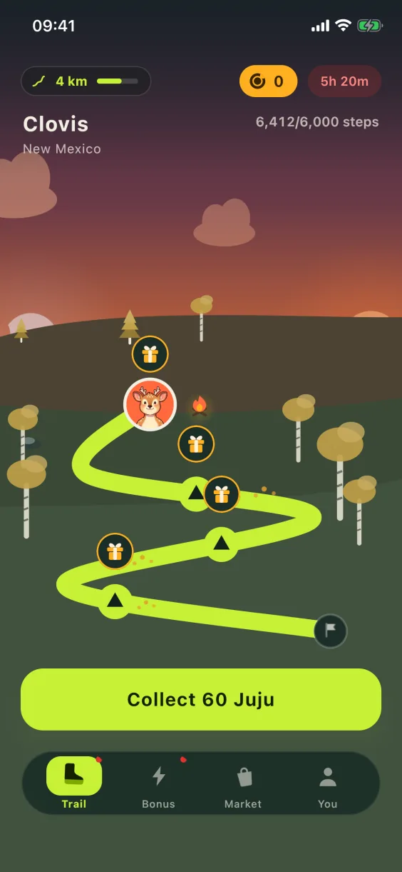 JujuWalk Trail screen at dusk: today's route with its camps, 6,412 of 6,000 steps, Collect 60 Juju