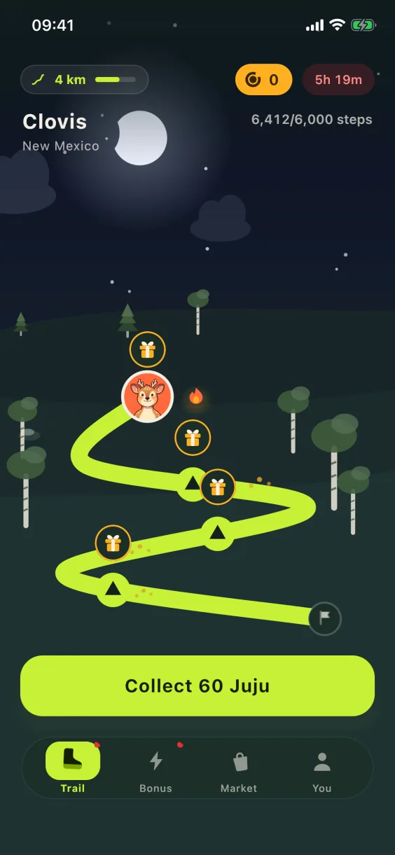 JujuWalk Trail screen at night: today's route with its camps, 6,412 of 6,000 steps, Collect 60 Juju