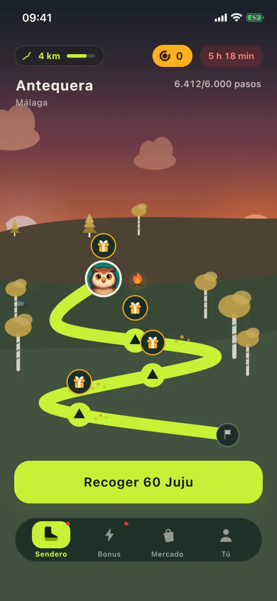 Pantalla Sendero de JujuWalk al atardecer: la ruta de hoy con sus campamentos, 6.412 de 6.000 pasos, Recoge 60 Juju