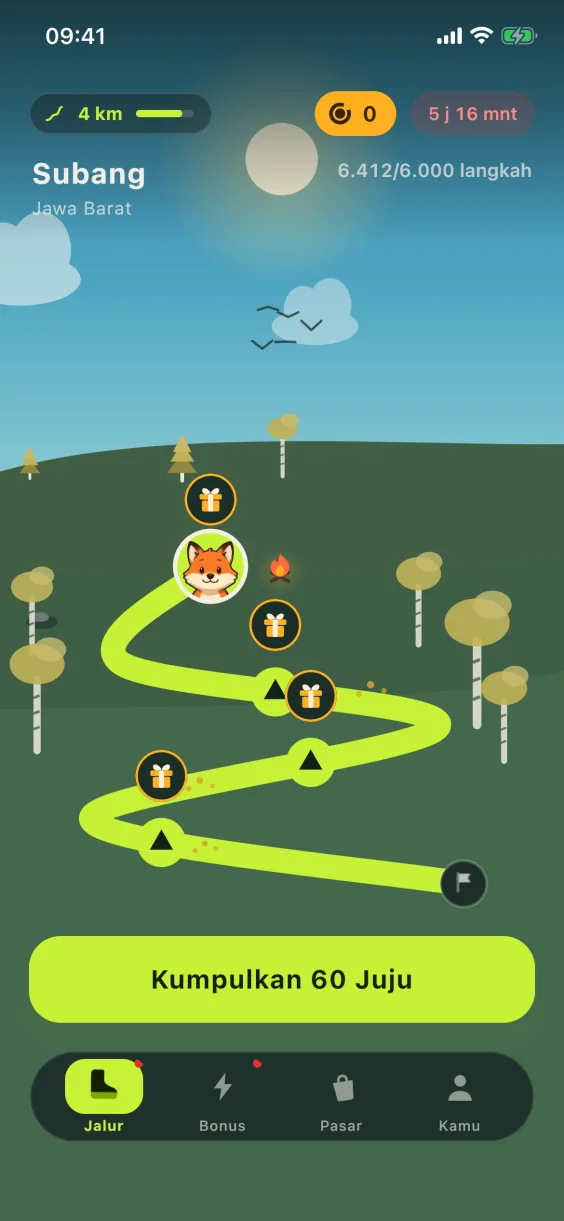 Layar Jalur JujuWalk saat siang: rute hari ini dengan kamp-kampnya, 6.412 dari 6.000 langkah, Kumpulkan 60 Juju