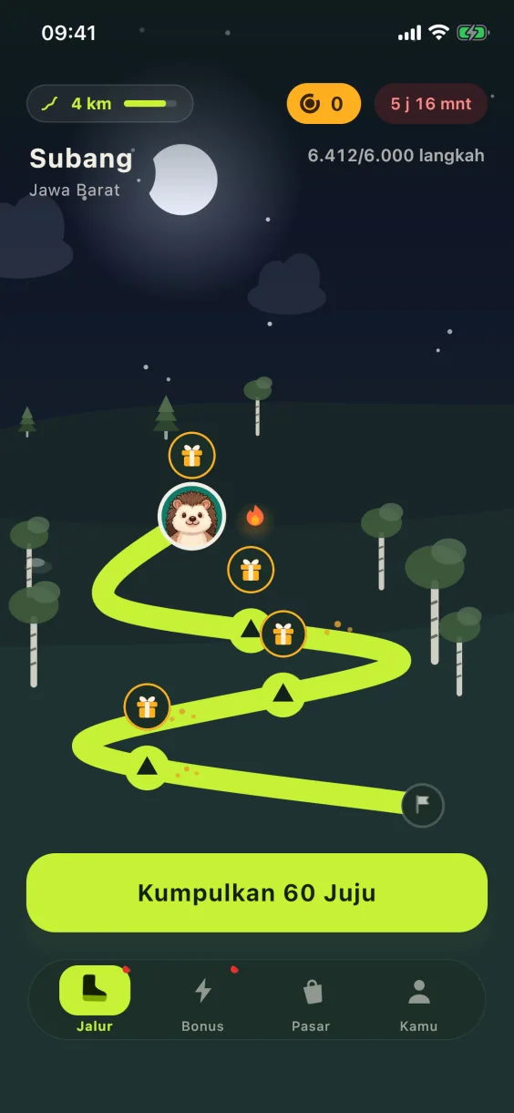 Layar Jalur JujuWalk saat malam: rute hari ini dengan kamp-kampnya, 6.412 dari 6.000 langkah, Kumpulkan 60 Juju